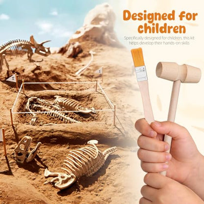Kids Archaeological Excavation Tools Kit with Wooden Hammer Brush and Chisel - Educational Stem Toy for Rock Digging Pretend Play and Fossil Excavation