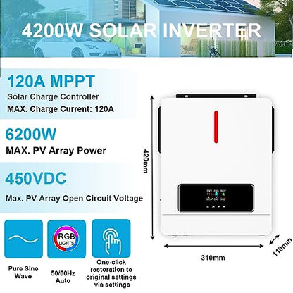 Y&H 4.2KW 24VDC Solar Hybrid Inverter AC220V Two Load Output Power, On/Off-Grid Built in 120A MPPT Solar Charger Max PV Power 6200W Input, for 48V Lead Acid/Lithium Battery, Supports Battery-Free use - size: 4200W-24V-M120A