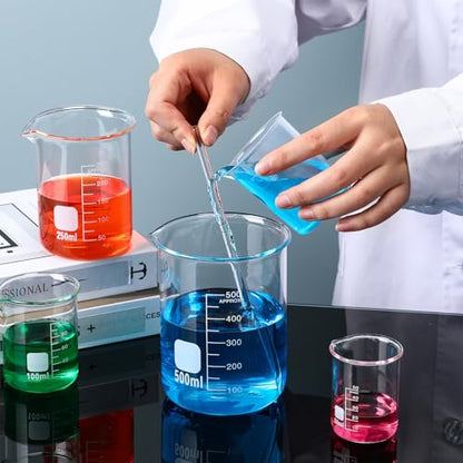 Jetec 5 Pieces Glass Beaker Set Lab Beaker with Stirring Rod, 4 Sizes of 50/100/250/500 ml Thick Borosilicate Glass Beakers for Back to School Science Lab Chemistry Supplies