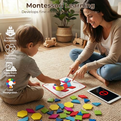 3 Otters 150Pcs Wooden Pattern Blocks Set, Geometric Tangram Shapes - size: Medium