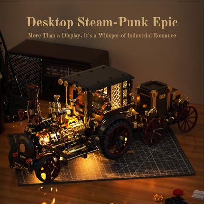 Retro Steam Car Mechanical Steampunk Building Kit with LED Lights - 1331PCS