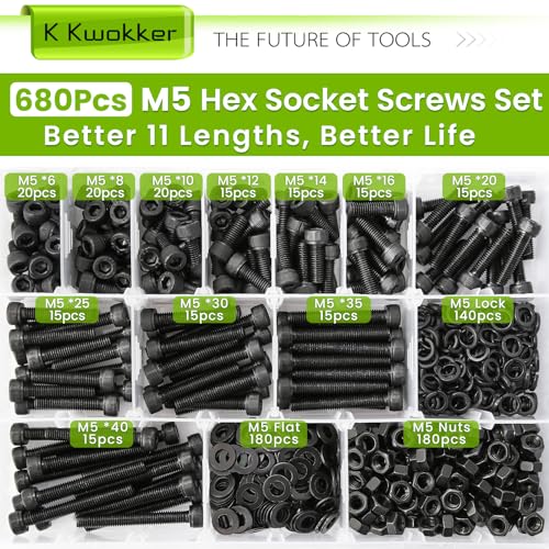 680PCS M5 Nuts and Bolts Assortment Kit 6mm-40mm, 11 Length Hex Socket Head Cap Machine Screws 12.9 Alloy Steel M5 Screw Assortment, Bolts and Nuts Kit Black 6/8/10/12/14/16/20/25/30/35/40MM - size: D. M5