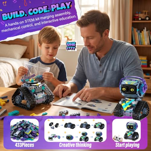 STEM Robot Building Kit 3 in 1 Guitarists Transporters Road Rollers Remote & App-Controlled Tracked Robotic Blocks Toys Set with LED Eyes & Sound Christmas Birthday Gifts for Boys Girls Age 6+ 433 Pcs - color: Blue