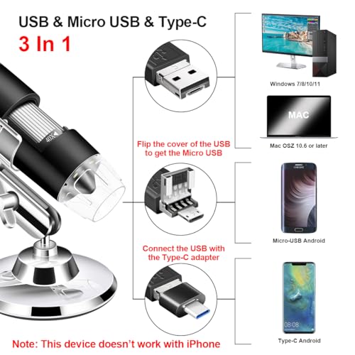 USB Digital Microscope Compatible with Android Windows Linux Mac - color: Black