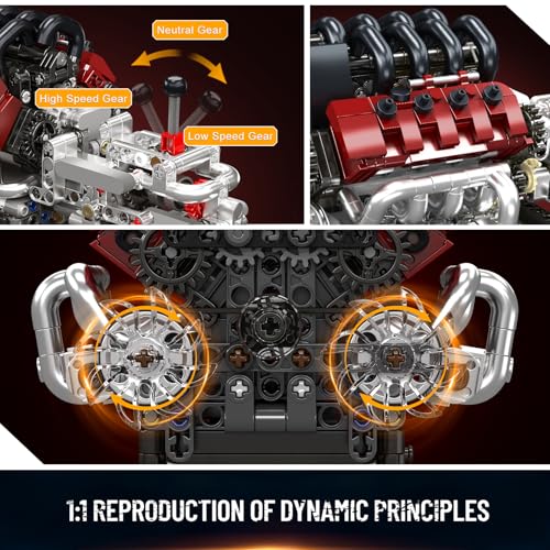 Mould King V8 Engine Building Kit, Build Your Own Engine Model Kit that Runs, STEM Engineering & Physical Science Experiment Set with Battery & Motor, Car Engine for Age 14+/Adult(787 Pcs)
