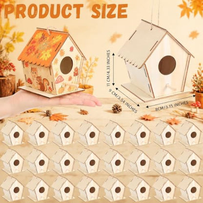 DoubleFill 24 Pack 4.3" Wooden Bird Houses Bulk for Kids with Front Perch