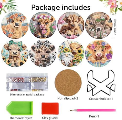Diamond Art Coasters Kit,8 Pcs Highland Cow Diamond Painting Coasters Kit - color: Baby Cow