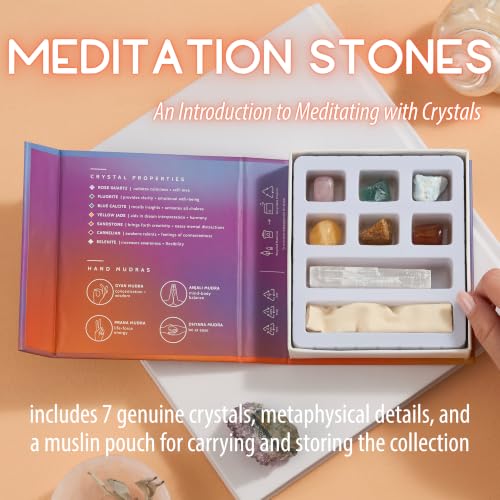 Crystal Collection Meditation Stones Set with Rose Quartz, Blue Calcite, Yellow Jade, Sandstone, Carnelian, Natural Selenite Wand, Set of 7 - color: Meditation