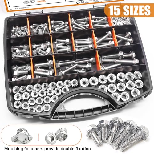 mankk 244PCS 304 Stainless Steel Metric Flange Bolts and Nuts Assortment Kit M5/M6/M8(10mm to 35mm) Hex Bolts and Nuts Kit for Automotive - size: 244PCS M5 M6 M8, style: Flange Bolt