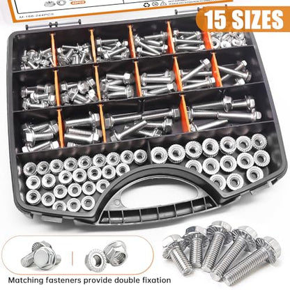 mankk 244PCS 304 Stainless Steel Metric Flange Bolts and Nuts Assortment Kit M5/M6/M8(10mm to 35mm) Hex Bolts and Nuts Kit for Automotive - size: 244PCS M5 M6 M8, style: Flange Bolt