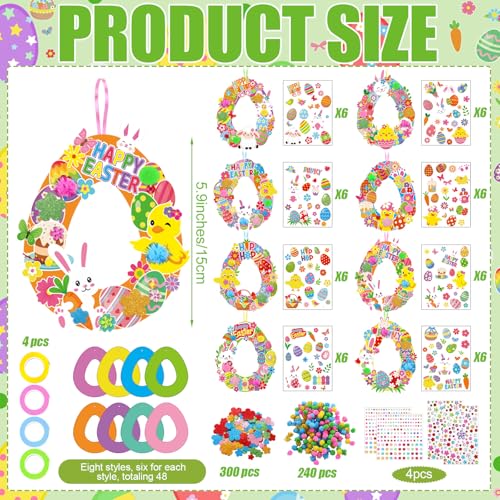 Hollowfly 48 Sets Easter Wreath Craft Kits DIY Paper Ornaments Stickers - style: Happy Easter