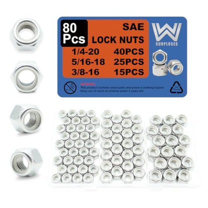80 Pcs 1/4-20 5/16-18 3/8-16 Lock Nuts, 304 Stainless Steel Hardware Nuts - size: 1/4" 5/16" 3/8" Kit (80 Pcs)