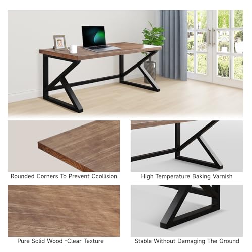 Sihtengxxhongs Solid Wood Desk 55 Inch Home Office Desk, Rustic Wooden Computer Desk with Heavy Duty Metal Frame, Large Writing Study Workstation for Bedroom, Living Room, Home Office - size: S009