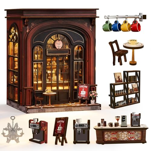 DIY Book Nook Kit, 3D Wooden Puzzle Miniature House with LED Light, Dollhouse Bookshelf Insert, Tiny House Model Building Kit, Unique Creative Gift for Adults and Teens (Warmglow Coffee) - style: Warmglow Coffee