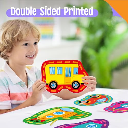 SpriteGru 9 Pieces Kids Lacing Cards, Double Sided Vehicle Sewing Cards with 9 Colorful Laces, Imagination Development Lacing Toys Games for Children Educational and Learning Activity - color: Vehicle-B