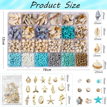 1770Pcs Ocean Theme Beads Kit for Jewelry Making, Blue White Summer Beach Seashell Charms Sea Turtle Starfish Shape Beads 4mm Sea Glass Chips for DIY Bracelets Necklace Anklet Earrings Keychain Crafts - color: Beige-Brown