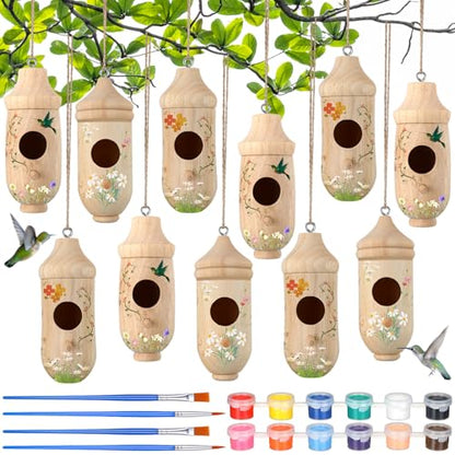 Briwooody 12 Pack Hummingbird House Wooden DIY Kit with Paint and Brushes