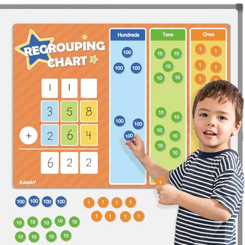 EAMAY Regrouping Base Ten Place Value Manipulatives, Addition and Subtraction Math Manipulatives for 1st 2nd 3rd Grade Classroom Must Haves! Kit with Magnetic Dry Erase Board and Magnetic Chips.