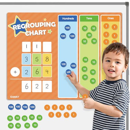 EAMAY Regrouping Base Ten Place Value Manipulatives, Addition and Subtraction Math Manipulatives for 1st 2nd 3rd Grade Classroom Must Haves! Kit with Magnetic Dry Erase Board and Magnetic Chips.