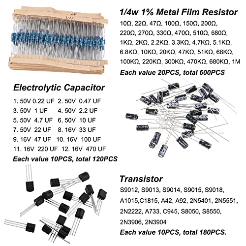 1400Pcs Basic Electronics Component Assortment Kit, Electrolytic Capacitor, Ceramic Capacitor, LED Diode, Common Diode, Resistor, Transistor Component for Arduino, Electronic DIY Project