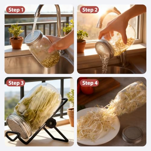 Stainless Steel Sprouting Jar Lids Kit 6 Pack,Black - color: Black stand