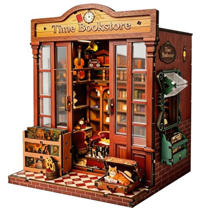 DIY Book Nook Kit Miniature House with Warm Light, Time Bookstore 3D Wooden Puzzles, Mini Bookstore Dollhouse Craft Kit for Adults&Teens, Bookshelf Insert Decor,Creative Gift for Shelf,Desk&Home Décor