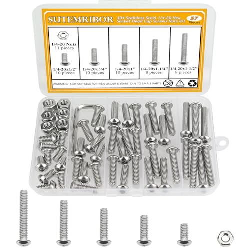 57 Pieces 1/4-20 x 1/2", 3/4", 1", 1-1/4", 1-1/2", Button Head Socket Cap Screws Nuts Assortment Kit - size: 1/4"-20, style: Button Head Socket Cap