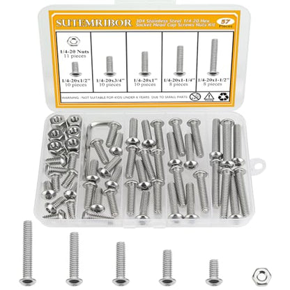 57 Pieces 1/4-20 x 1/2", 3/4", 1", 1-1/4", 1-1/2", Button Head Socket Cap Screws Nuts Assortment Kit - size: 1/4"-20, style: Button Head Socket Cap