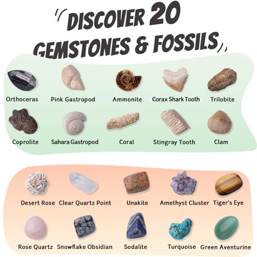 Gemstone and Fossil Dig Kit – Excavate 10 Gems and 10 Fossils, STEM Geology Set, Educational Toy, Science Kit for Kids Ages 8+