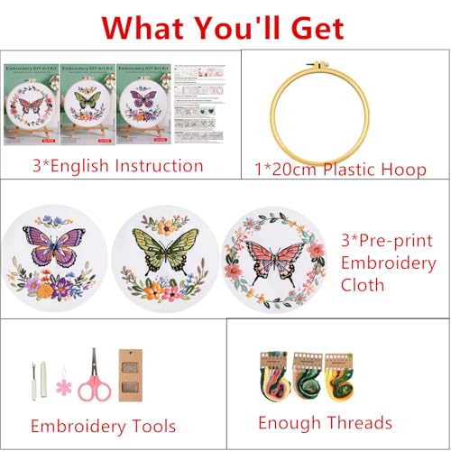 Mozzyyee 3 Sets Embroidery Starter Kit for Beginners Adults Include 3 Embroidery Clothes with Instructions Hoops Floss Thread Fabric Needles (Butterfly) - color: Butterfly