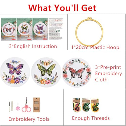 Mozzyyee 3 Sets Embroidery Starter Kit for Beginners Adults Include 3 Embroidery Clothes with Instructions Hoops Floss Thread Fabric Needles (Butterfly) - color: Butterfly
