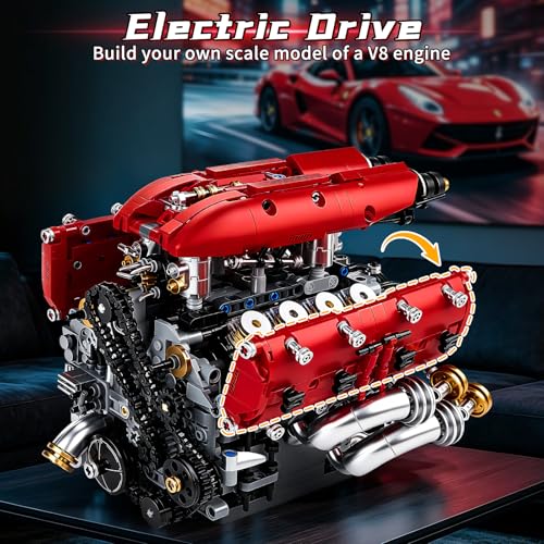 OWNONE 1 V8 Engine Model Kit that Runs, 1370PCS 8-Cylinder Engine Building Blocks Set with Motor, Build Your Own Visible Working Model Car Engineering Block Kit, STEM Toy for Adults Kids Gifts