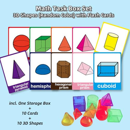 Math Task Boxes Set of 5 Math Manipulatives Themes 230+ Pieces of Number Rods, Base Ten Blocks, Ten Frame Disc Counters, Place Value Blocks, 0-9 Numbers, 3D Shapes, Activity Cards (3D Shapes) - color: 3d Shapes