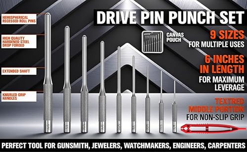 9-Piece Roll Pin Punch Set - Fast Pin Removal - Durable Steel & Construction - For Automotive, Firearm Maintenance, Watch, Jewelry & Craft Repair - Knurled Grip - Versatile Sizes