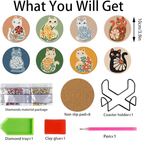 8 PCS Diamond Art Coasters Kit,Fun Cat Diamond Painting Coasters 4X4 Inch - color: Cat-2