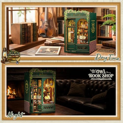 Owl Bookstore Book Nook Kit - 3D Wooden Puzzles with LED - color: Owl Bookstore