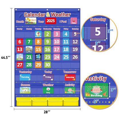 Blue Classroom Calendar Pocket Chart for Kids - Monthly Weather Seasons Learning Chart with 113 Cards | Teacher Must Haves for Kindergarten, Preschool, Homeschool | Interactive Educational Wall Chart - color: Blue