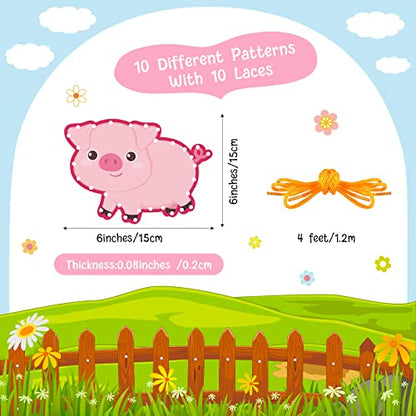 Pajean 10 Pcs Kids Lacing Cards Double Sided Animal Sewing Cards Kits 10 Styles Lacing Toy Crafts for Toddler Ages 6+ Developing Imagination Preschool Learning Activity Supplies(Farm Style) - style: Farm Style