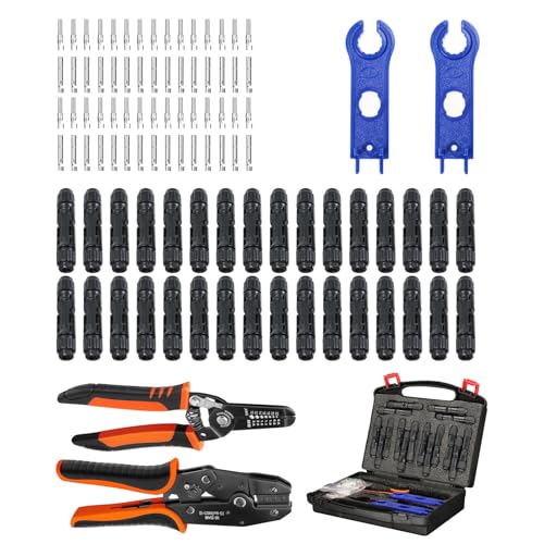 35PCS Solar Crimper Tool Kit, Solar Panel Cable MC4 Connectors 14-10AWG, 30 Pairs Male/Female Solar Connectors, 1PCS Solar Crimper, 1PCS Stripper, 2 PCS Spanner Wrench
