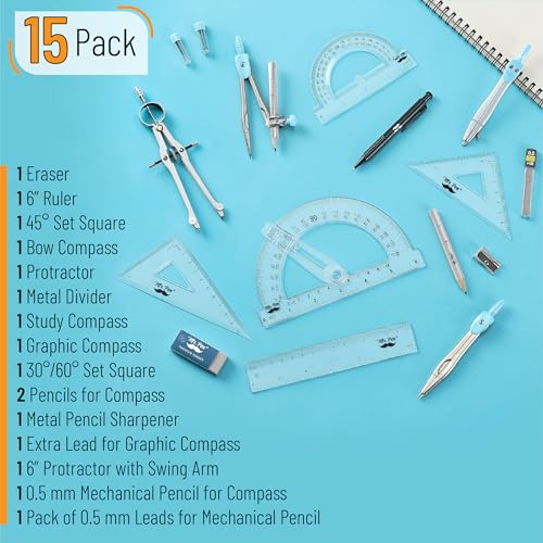 Mr. Pen- Geometry Set, 15 pcs, Light Blue, 6 Inch Swing Arm Protractor - color: Light Blue