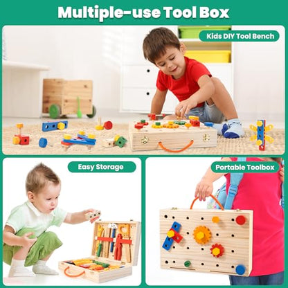 WOOOMAM Kids Tool Set, 90 PCS Wooden Toddler Tool Set with Box and Flash Cards, Tool Kit for Kids Age 3-5 Years, Toddler Boy Toys, FSC Certified Material - style: Deluxet