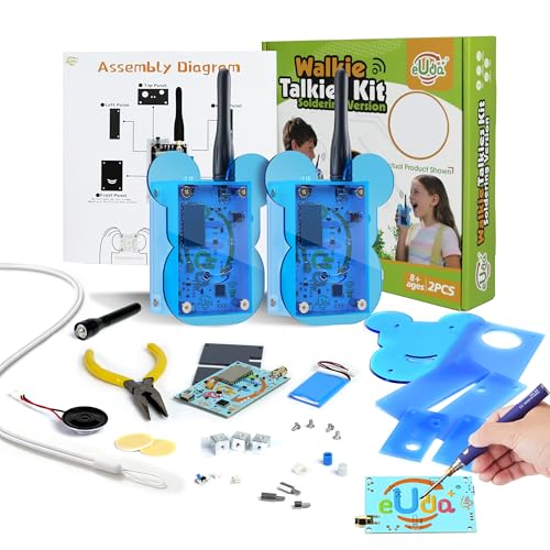 eUda+ STEM Walkie-Talkies Kit for Kids Ages 12-17 Electronic Gifts for Boys 12-14 Stem Toys for Ages 13-16 Teen Boys 13+ Gift Ideas Soldering Practice Kit for Beginners (Soldering Version, BTB) - color: Soldering Version, Bear-transparent Blue (Btb)