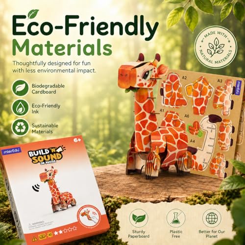 MierEdu Build 'N' Sound 3D Puzzle for Kids, Animal Puzzle with Sound Module, Educational STEM Craft Kit, FSC Paper Model Building Toy Gift for Ages 6+ - color: Giraffe