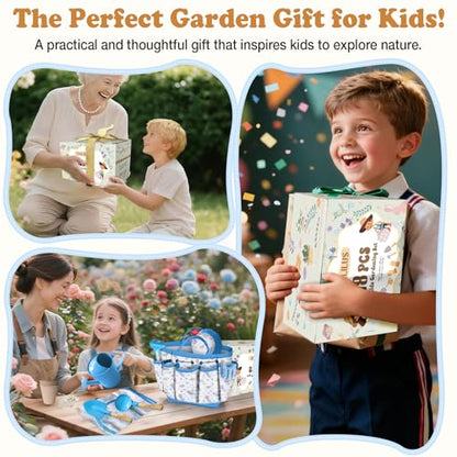 Kids Gardening Tool Set 13PCS Outdoor Toys Tote Bag Watering Can Apron Blue - color: Blue