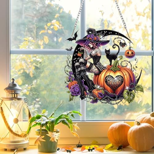 NAIMOER Halloween Diamond Art Hanging Kits for Adults, Witch 5D Special Shaped Rhinestone, DIY Acrylic Diamond Art Painting Window Pendants Home Garden Wall Hanging Ornament Kits, Double Sided - color: Halloween Witch