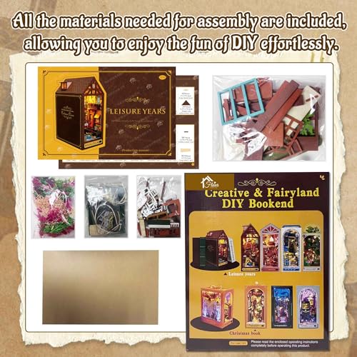 Flever Dollhouse DIY Book Nook Miniature Kit, Chinese Style Bookshelf Insert Decor, 3D Wooden Puzzle Booknook Miniature Kit for Creative Assembled Bookends (Leisure Years)