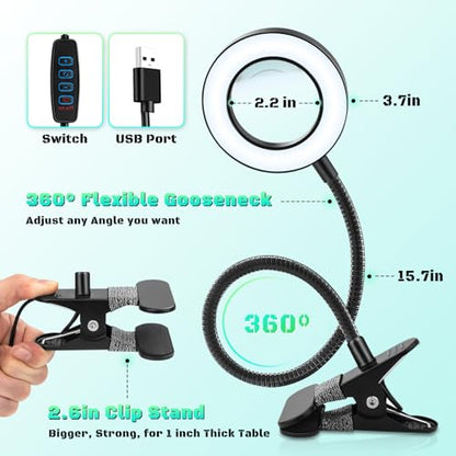 10X Magnifying Glass with Light and Stand,Hands Free Clip on Magnifier Lamp - color: Black