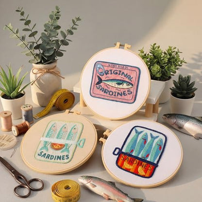 Mindsoft 3 Set Needlepoint Kit for Beginners with Hoop,Sardine - style: Sardine