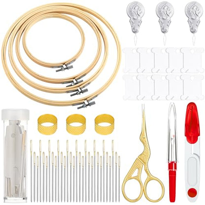 Mudder 53 Pcs Cross Stitch Kit with Embroidery Hoop Bamboo Needles,Red - color: Red