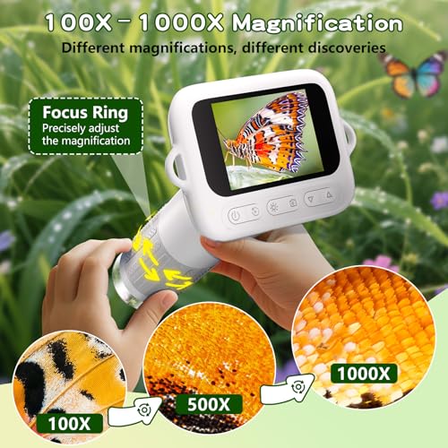 Odatay 1000X Digital Kids Microscope Kit with 12 Slides & 2" Screen, White - color: White